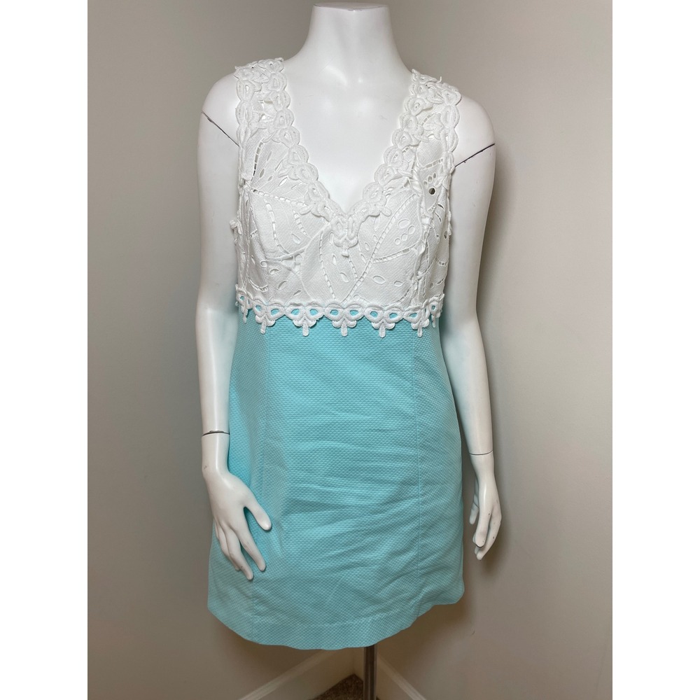 Lilly Pulitzer Sandi Stretch Shift Dress Aqua Blue White Lace Size 6